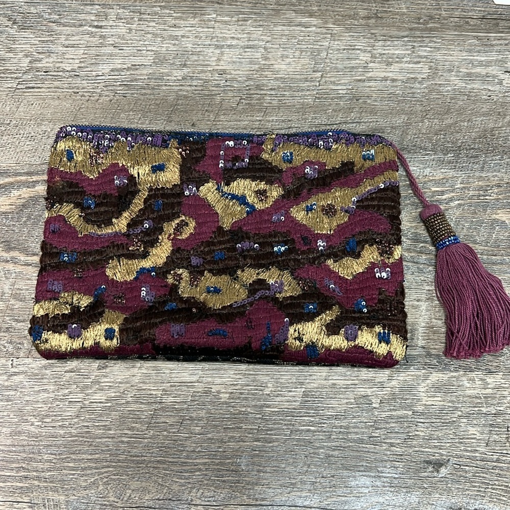 Anthropologie Miss Albright Purple Embellished Zip Pouch/ Clutch